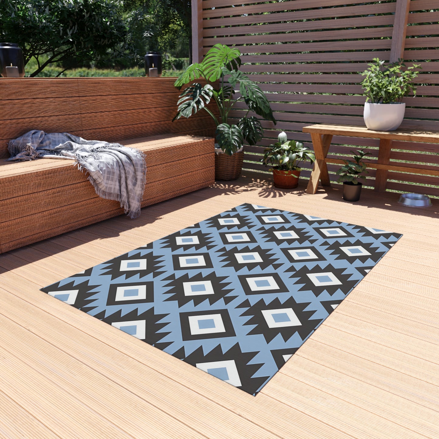 Southwestern Diamond Pattern Outdoor/Indoor Rug | Blue Black Geometric Patio Mat