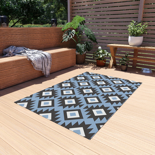 Southwestern Diamond Pattern Outdoor/Indoor Rug | Blue Black Geometric Patio Mat