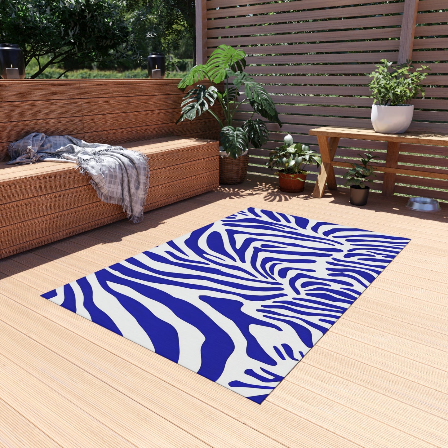 Blue White Zebra Print Outdoor/Indoor Rug | Bold Animal Stripe Patio Mat