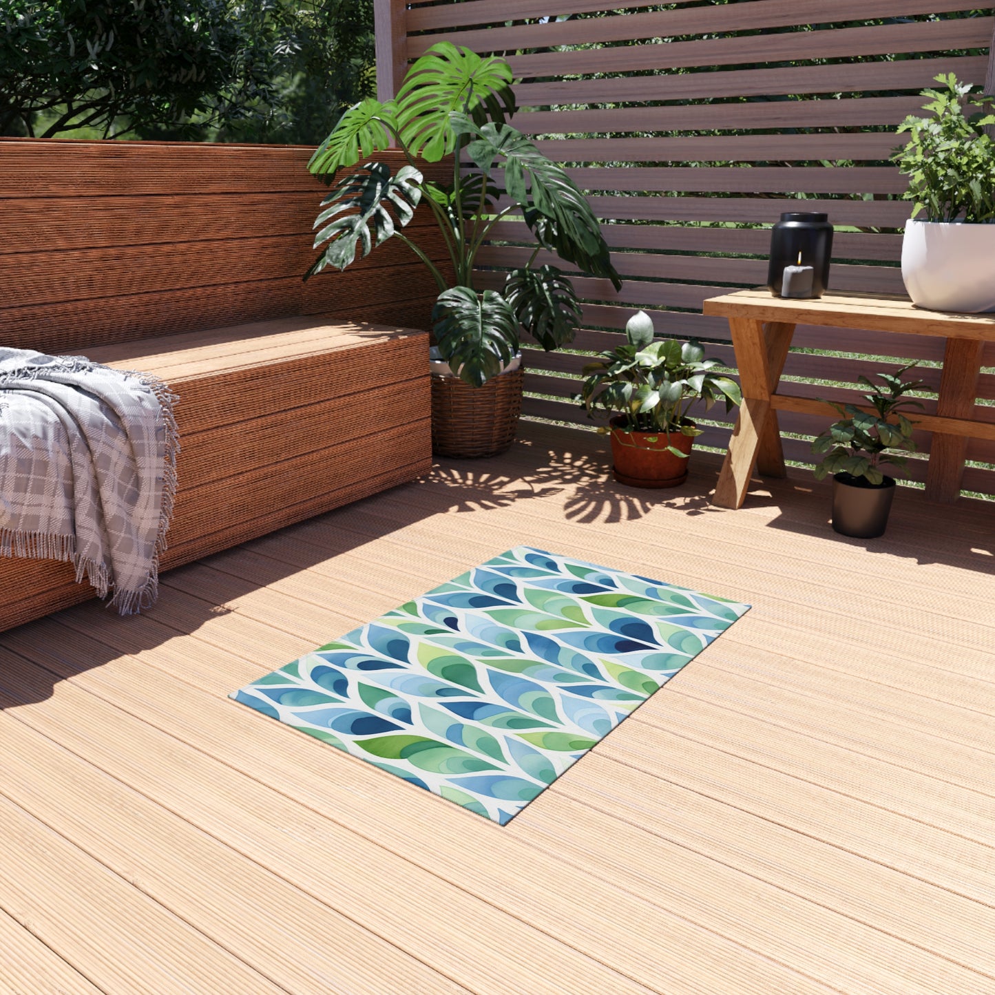 Blue Green Leaf Pattern Outdoor/Indoor Rug | Patio Mat