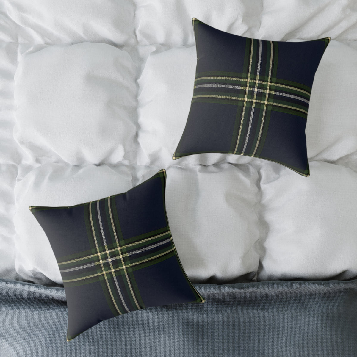 Green Navy Black Beige White Plaid Throw Pillow | Square Poly Canvas Pillow