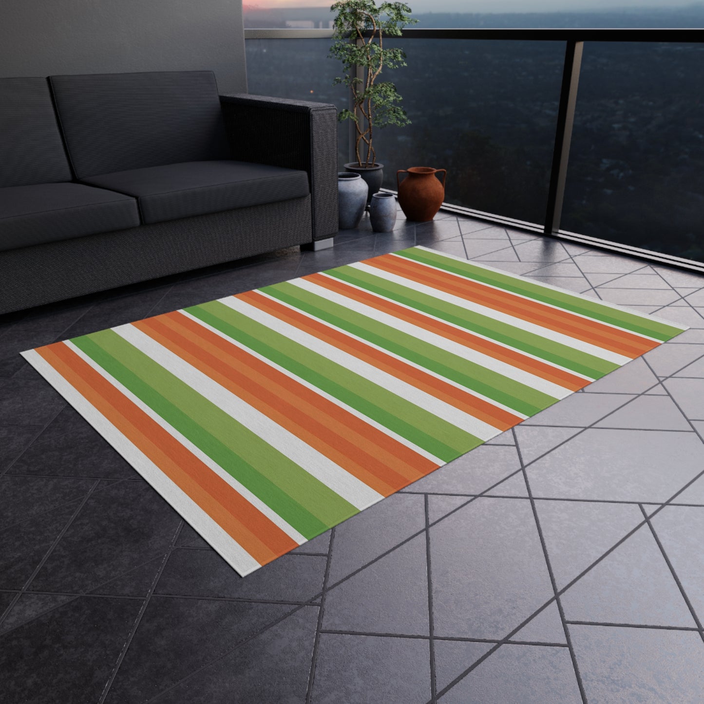 Green Orange White Stripe Outdoor/Indoor Rug | Patio Mat, Weather-Resistant