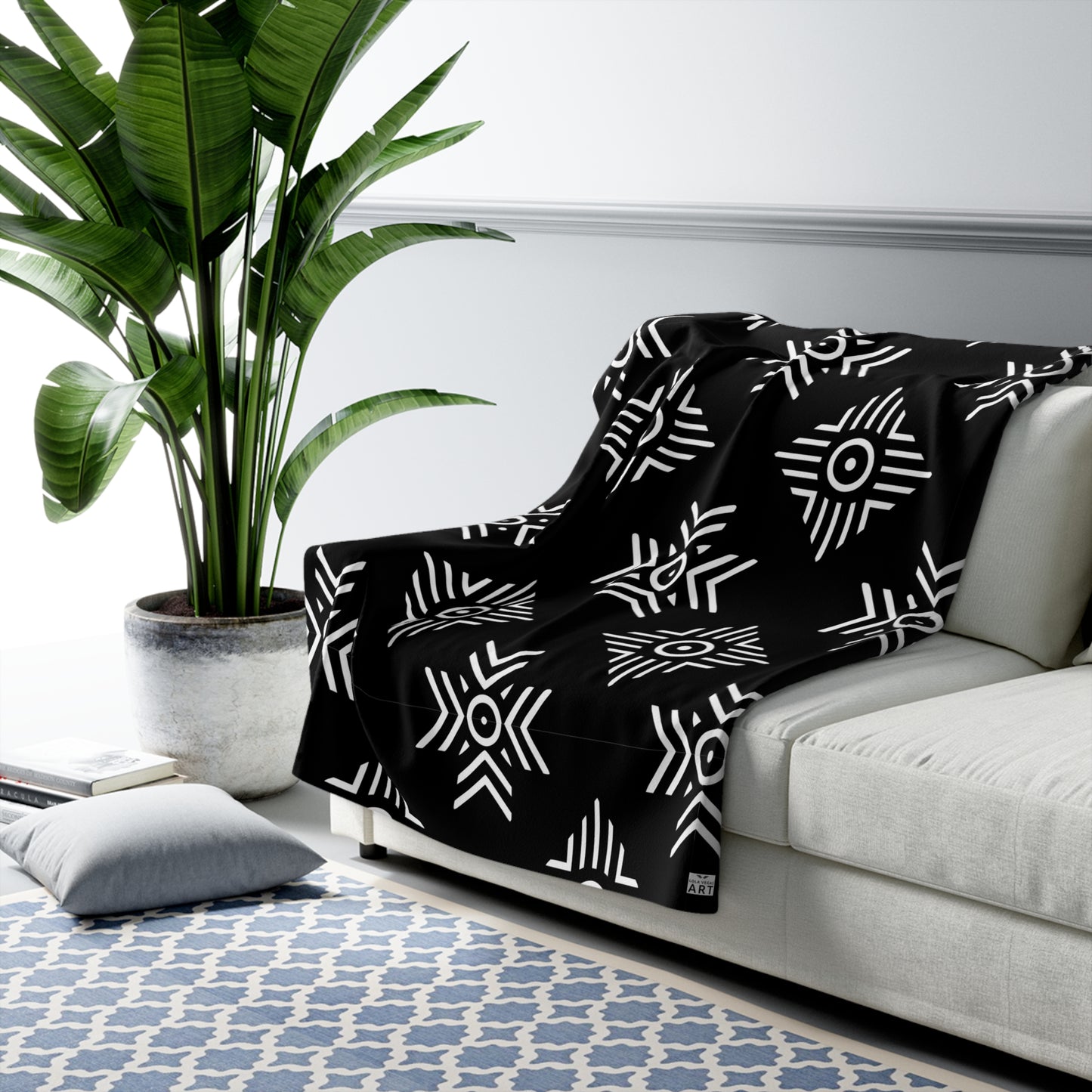 Black White Tribal Geometric Pattern Sherpa Blanket | Aztec Inspired Throw