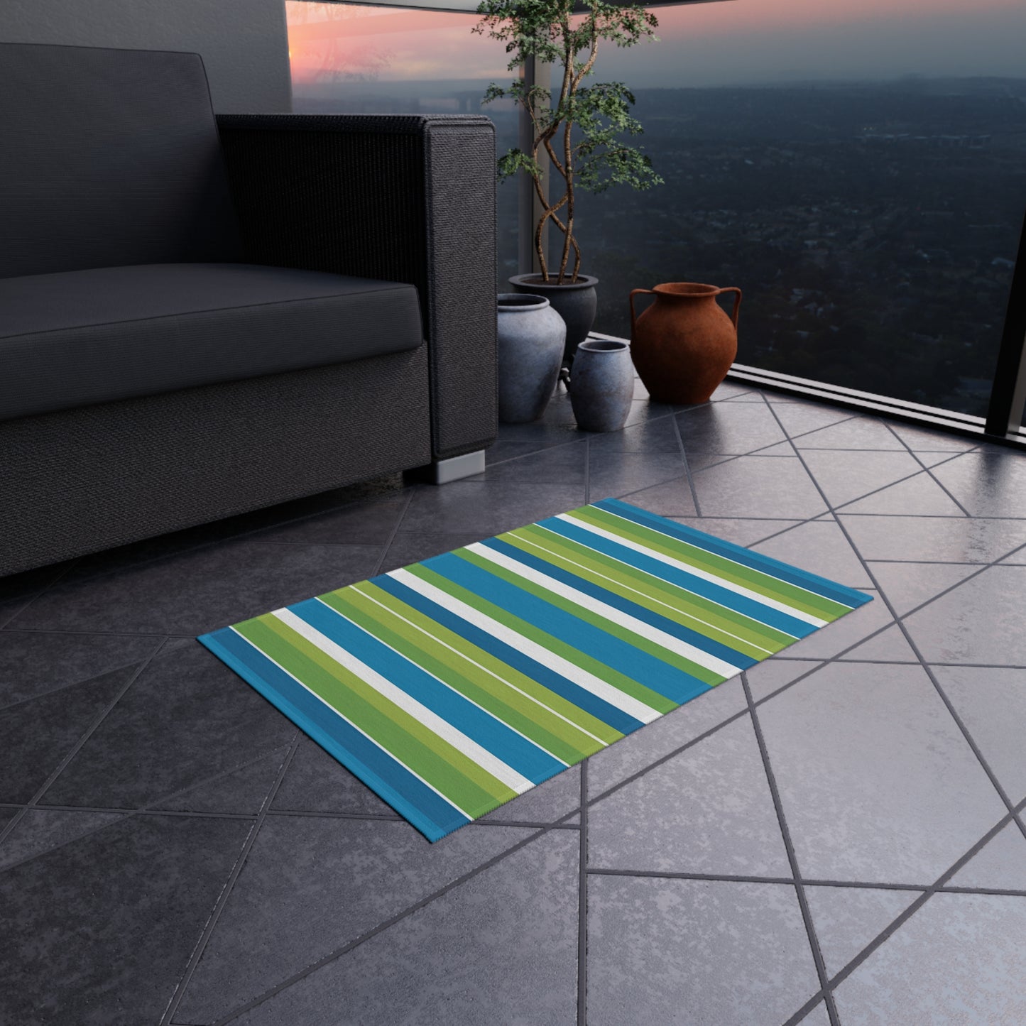 Blue Green Stripe Outdoor/Indoor Rug | Coastal Patio Floor Mat