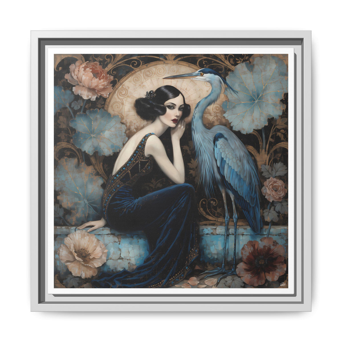 Art Deco Lady with Blue Heron Framed Canvas Wall Art