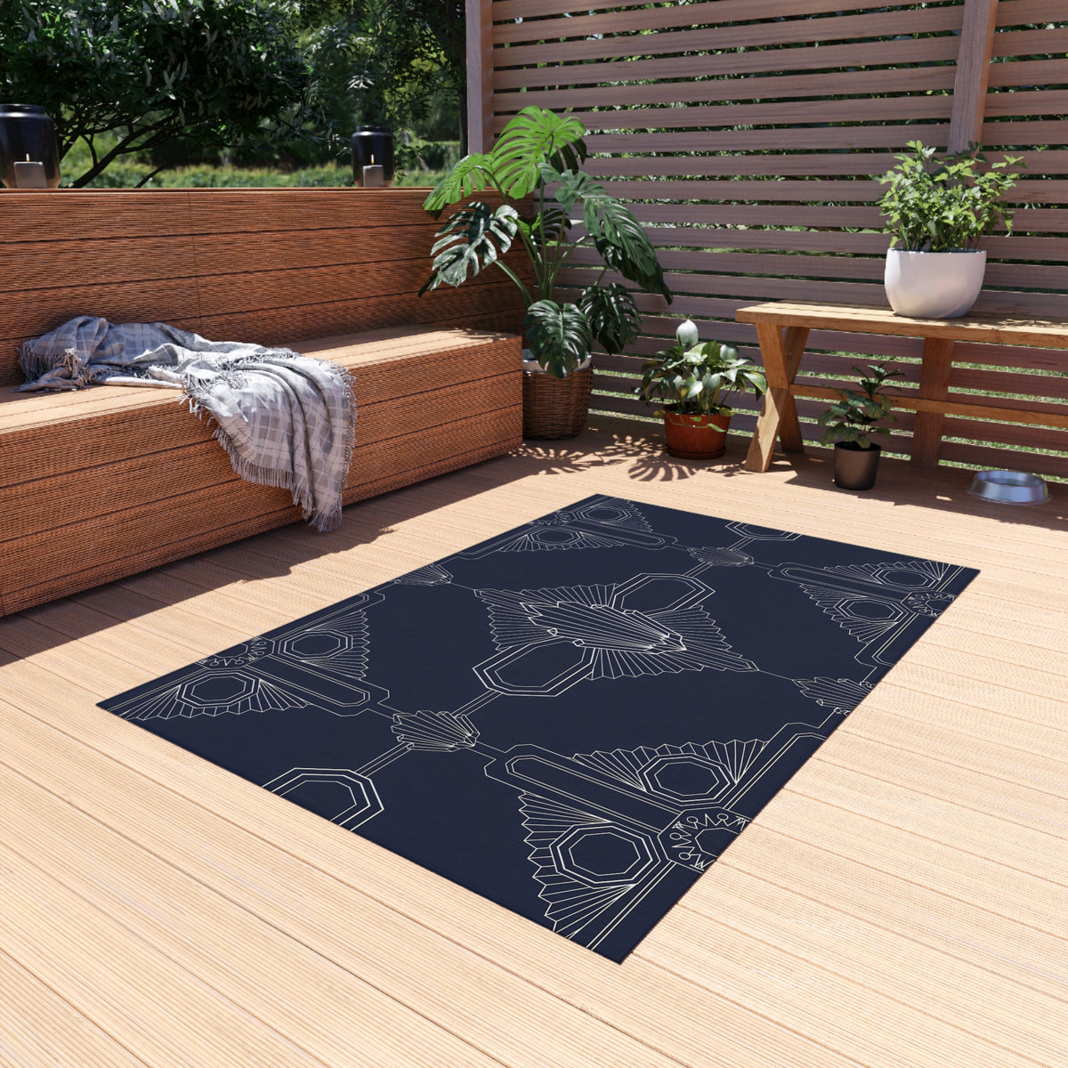 Art Deco Geometric Outdoor Rug | Navy Patterned Patio Mat