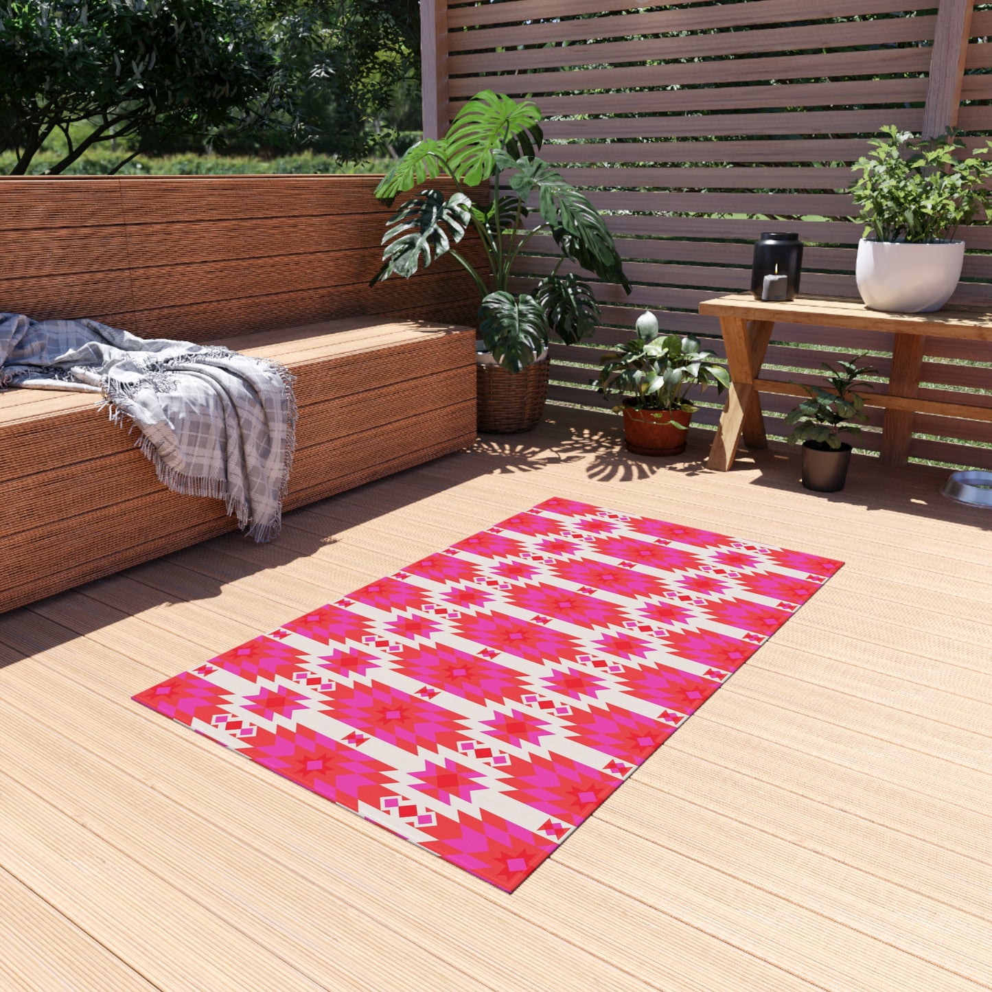 Pink Orange Aztec Geometric Pattern Outdoor/Indoor Rug | Southwestern Boho Patio Mat