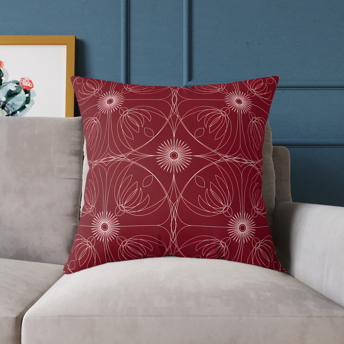 Red Floral Geometric Pattern Pillow | Square Throw Pillow