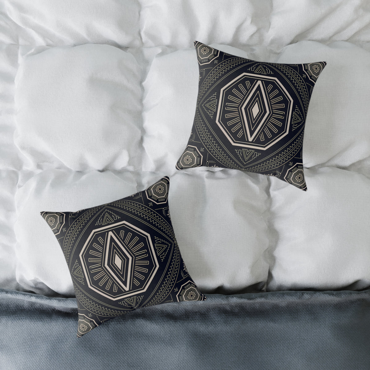 Geometric Black & Cream Tribal Medallion Square Pillow | Boho Aztec Pattern