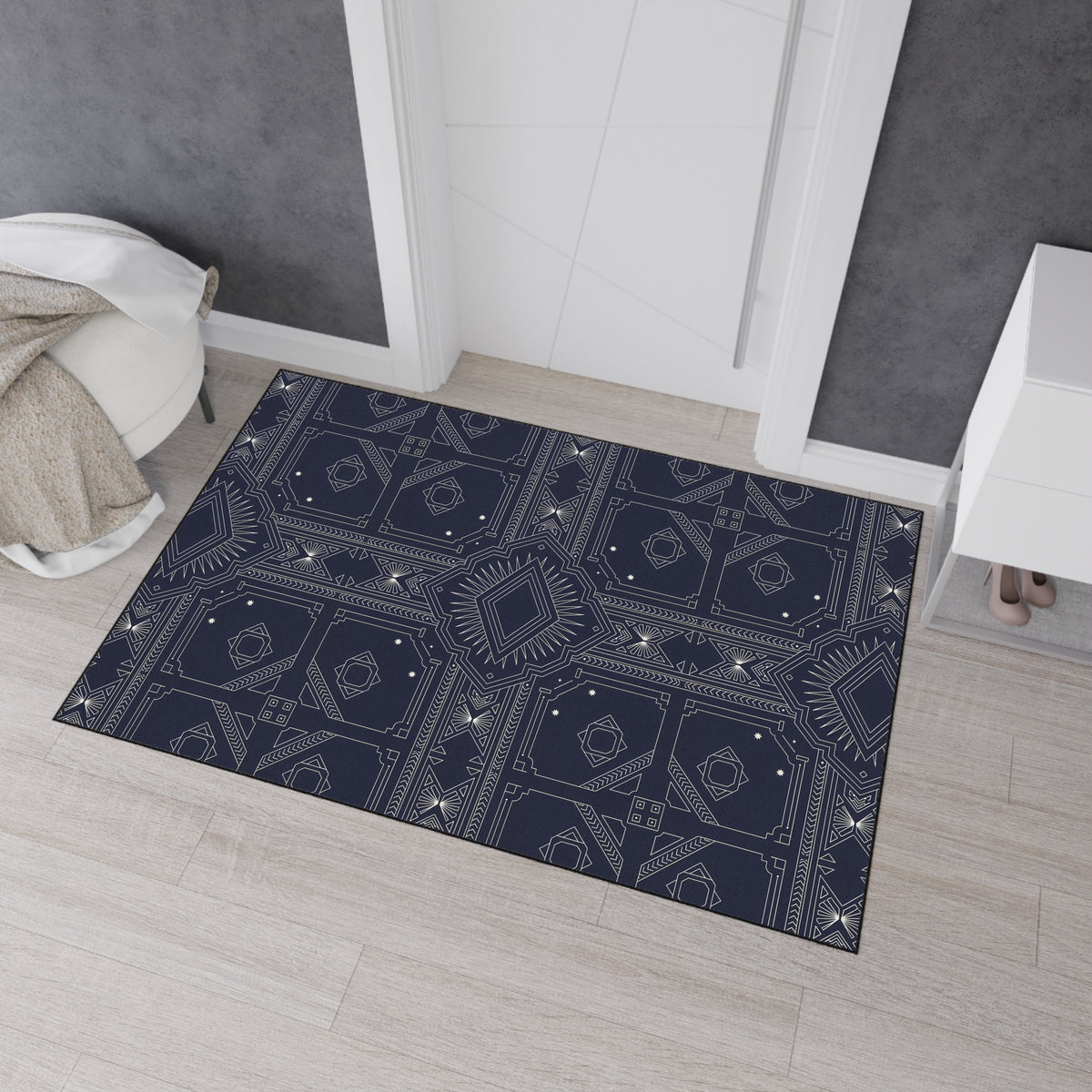 Navy White Geometric Indoor/Outdoor Floor Mat — Durable Non-Slip Rug