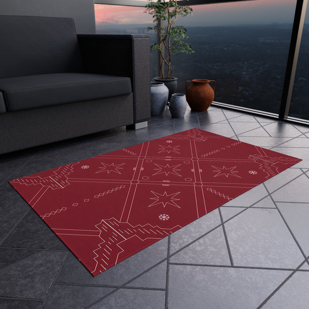 Geometric Star Pattern Outdoor Rug | Red Southwestern Patio Mat
