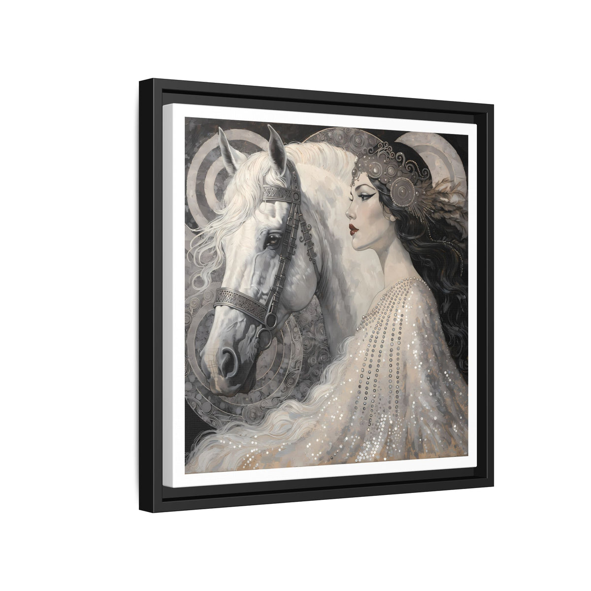 Ethereal Woman with White Horse Matte Canvas Framed Wall Art