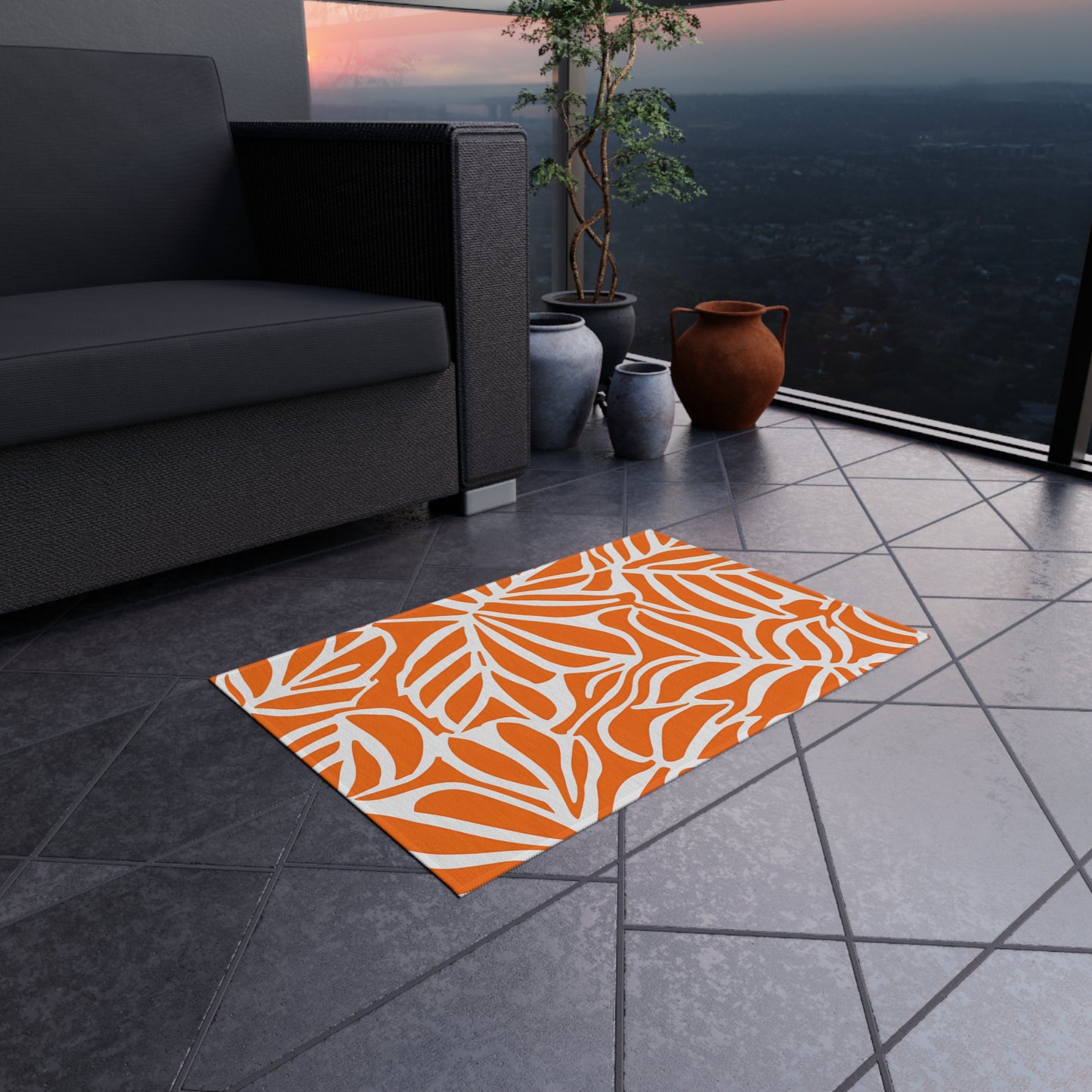 Tropical Leaf Pattern Outdoor/Indoor Rug | Orange White