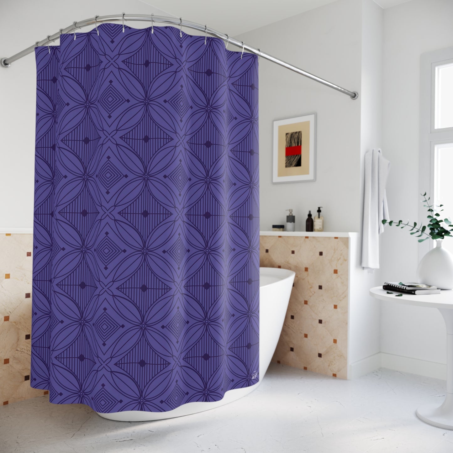 Geometric Floral Pattern Shower Curtain | Navy Purple Tile Motif