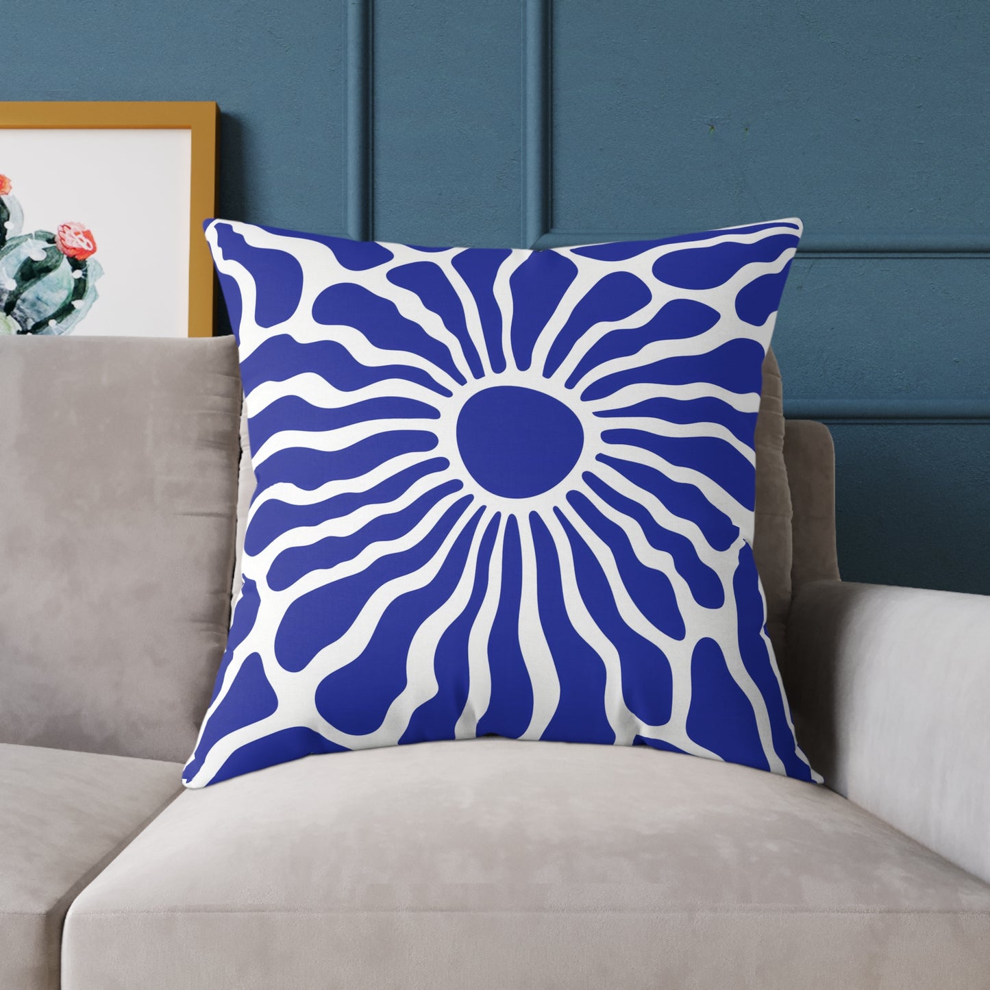 Blue Radiant Sunburst Square Pillow | Boho Coastal Throw Pillow