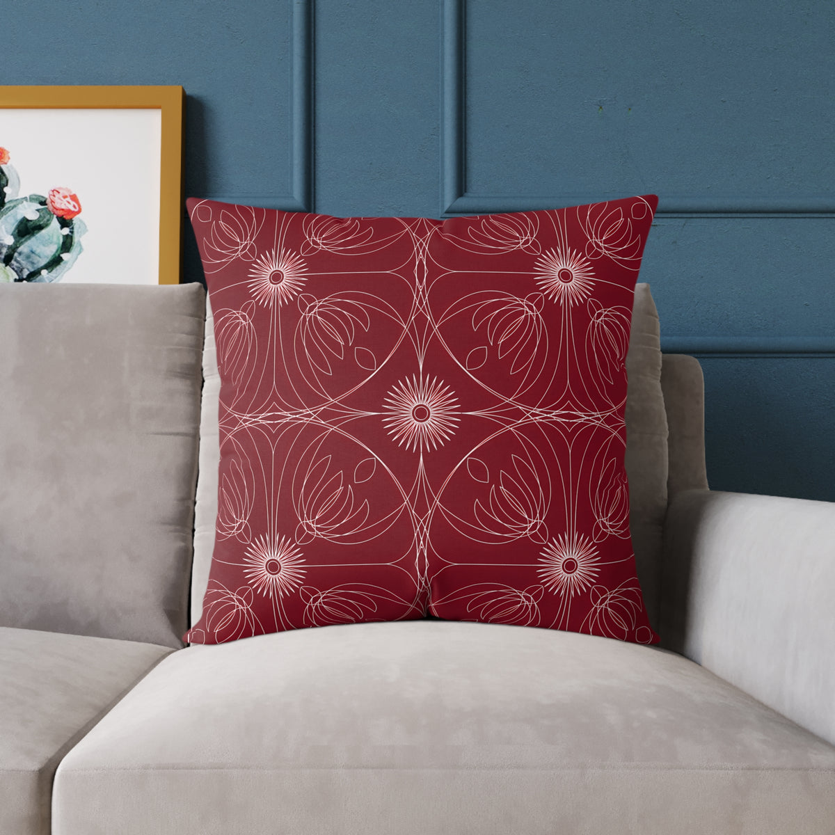 Red Floral Geometric Pattern Pillow | Square Throw Pillow