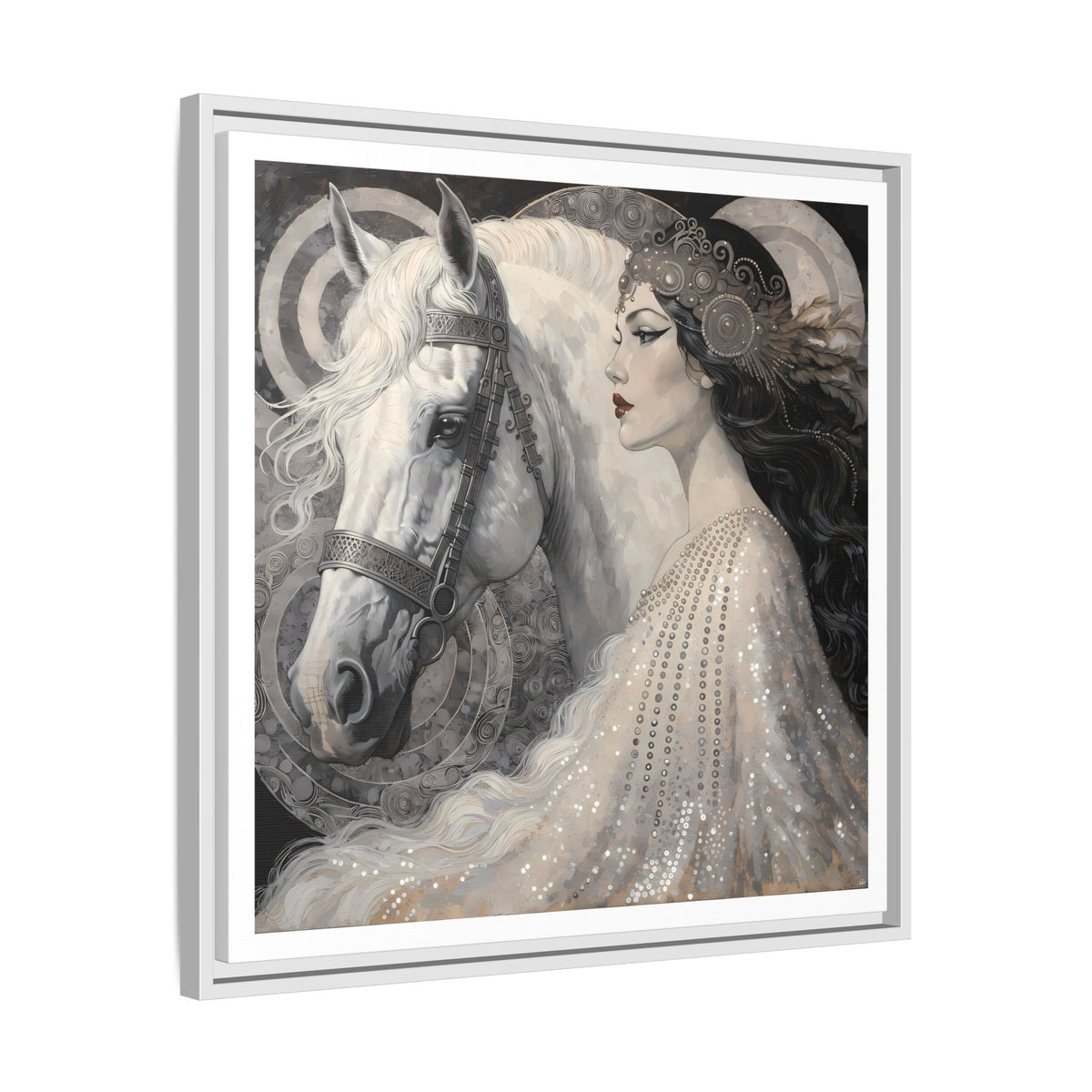 Ethereal Woman with White Horse Matte Canvas Framed Wall Art