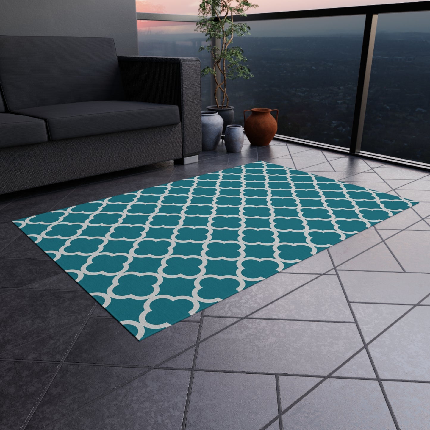 Teal Quatrefoil Outdoor/Indoor Rug | Patterned Patio Mat