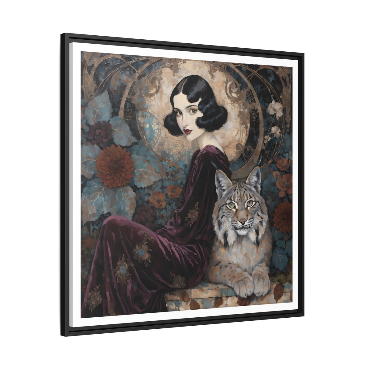 Vintage Flapper Woman with Lynx Matte Canvas Framed