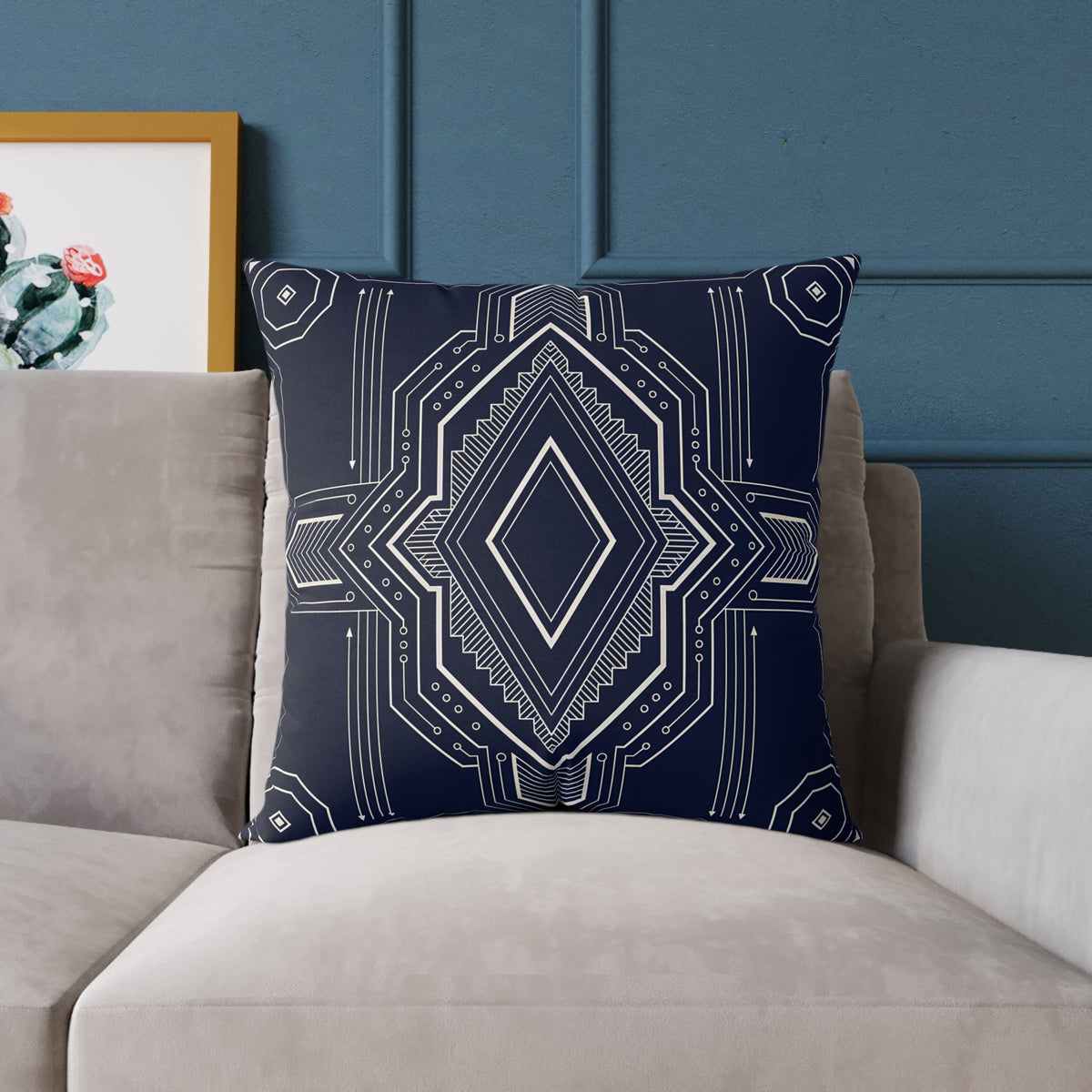 Geometric Diamond Pattern Square Poly Canvas Pillow | Navy Aztec Throw Pillow