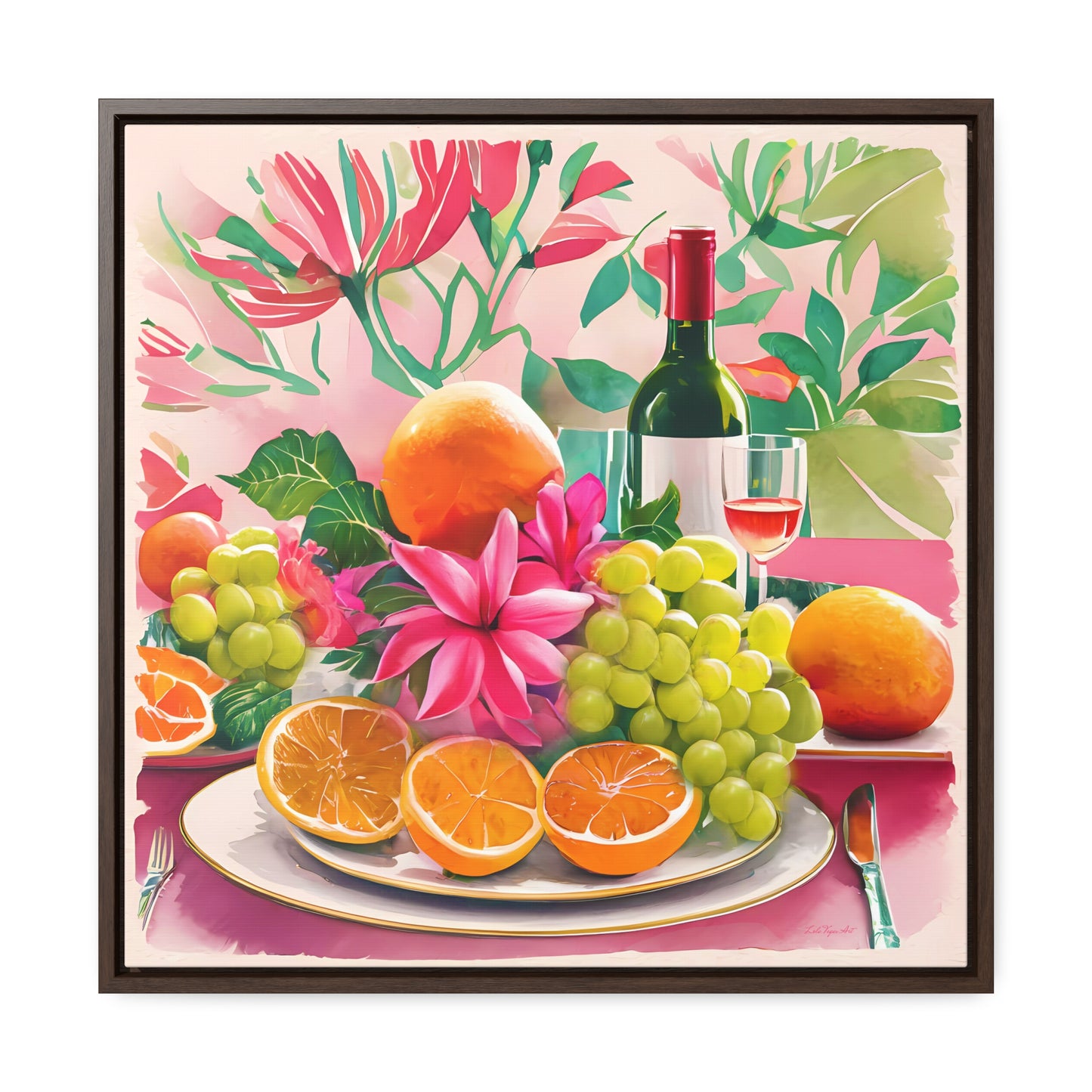 Feminine Square Wall Art, Gallery Canvas Wraps for Sunday Brunch, Pink Decor, Fruit Flowers Champagne, Gift for Her, Home Decor, Square