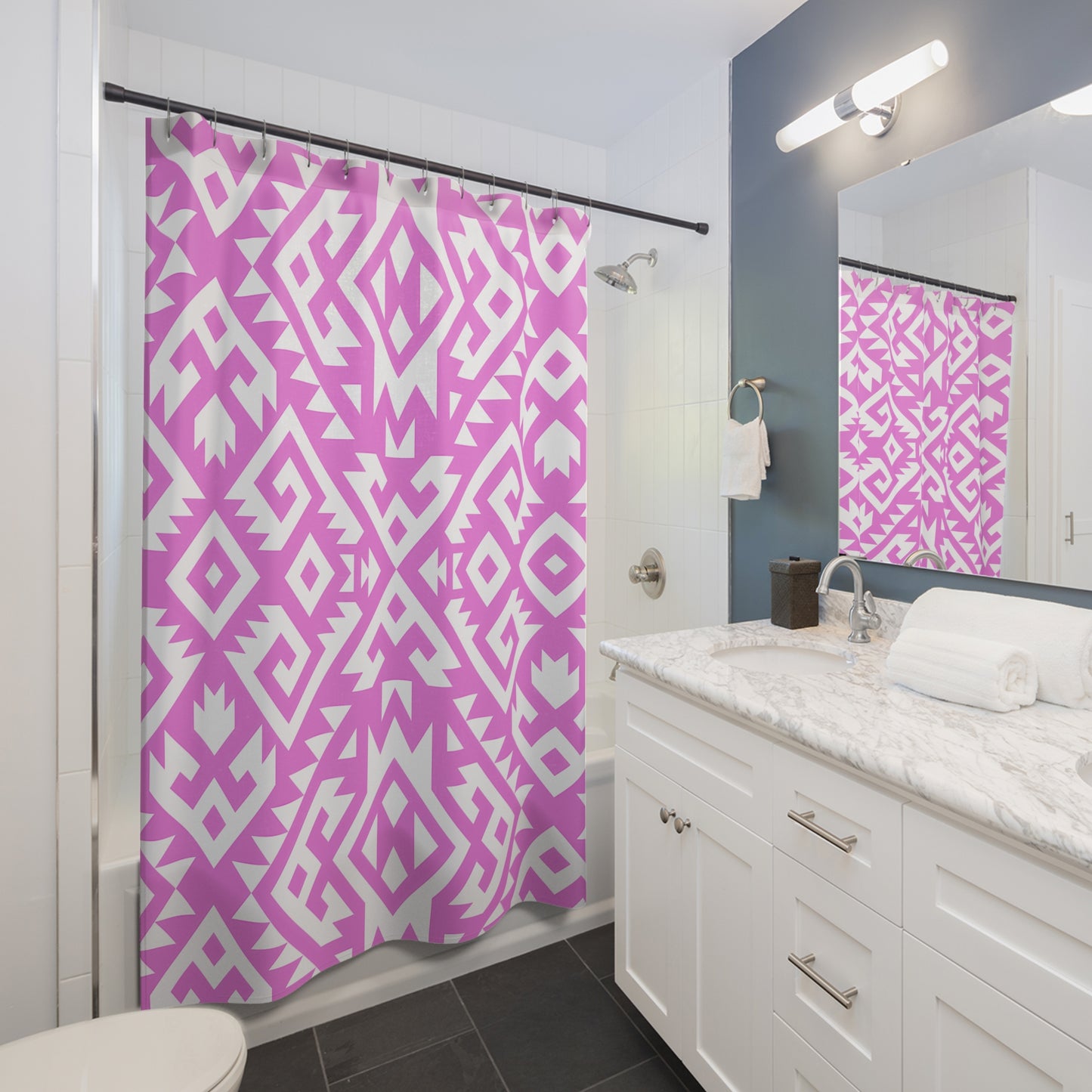 Pink White Aztec Boho Geometric Shower Curtain | Tribal Pattern Bathroom Decor