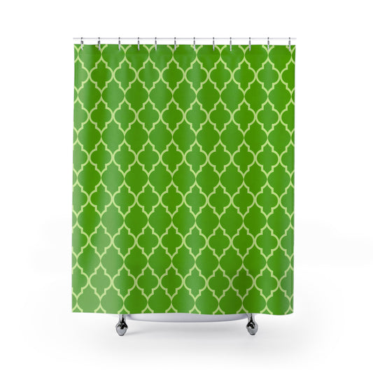 Modern Geometric Shower Curtain - Vibrant Green Home Decor, Bathroom Accent, Gift for Housewarming, Summer Refresh, Moroccan Quatrefoil - LOLA VEGAS ART