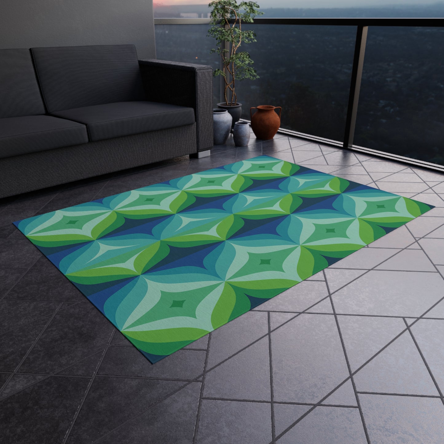 Geometric Leaf Pattern Outdoor/Indoor Rug | Blue Green Patio Mat