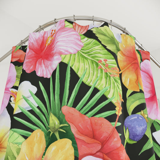 Tropical Hibiscus Floral Shower Curtain | Tropical Leaves Bathroom Decor Tropical Bathroom Accessory