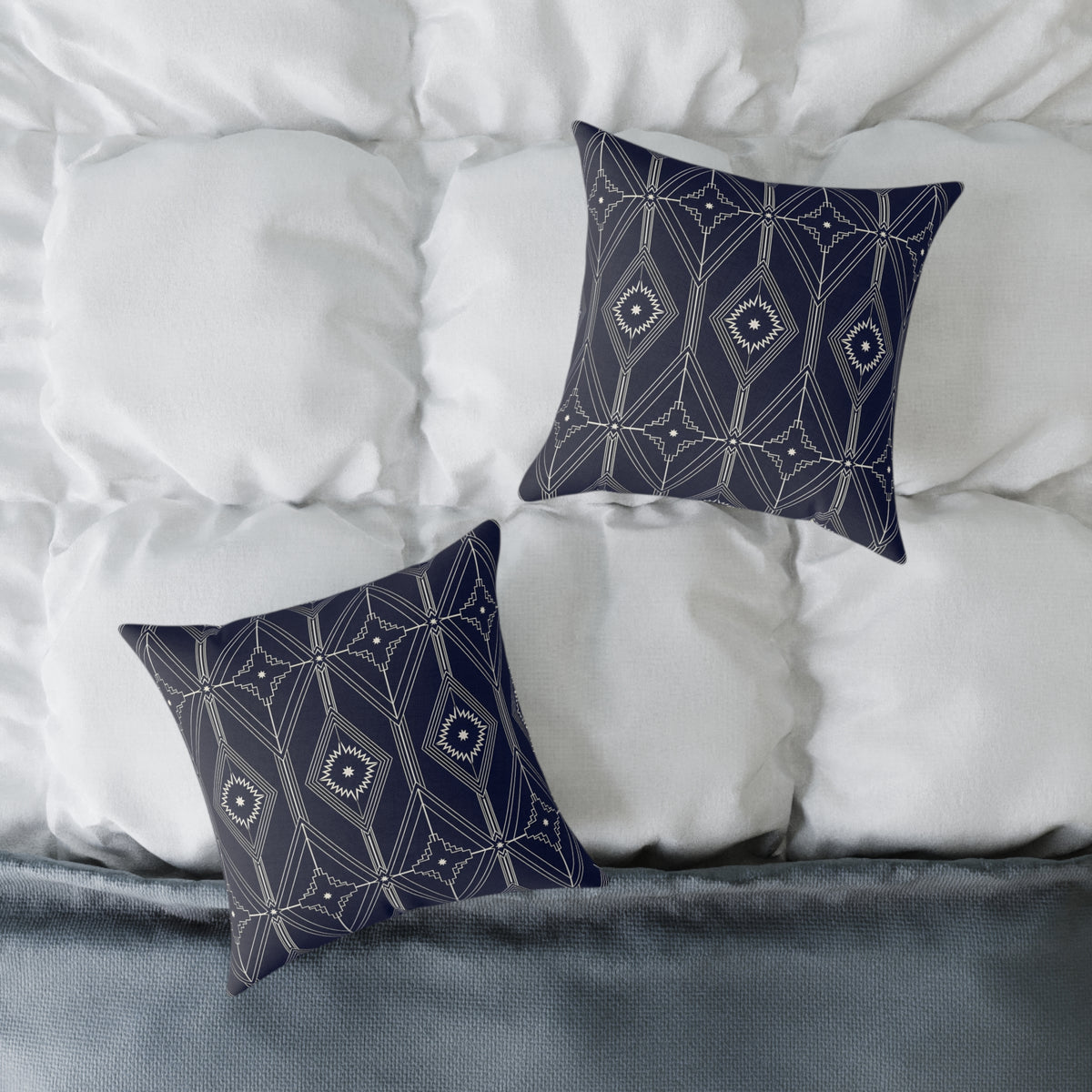 Navy Geometric Diamond Pattern Square Pillow | Boho Tribal Throw Cushion