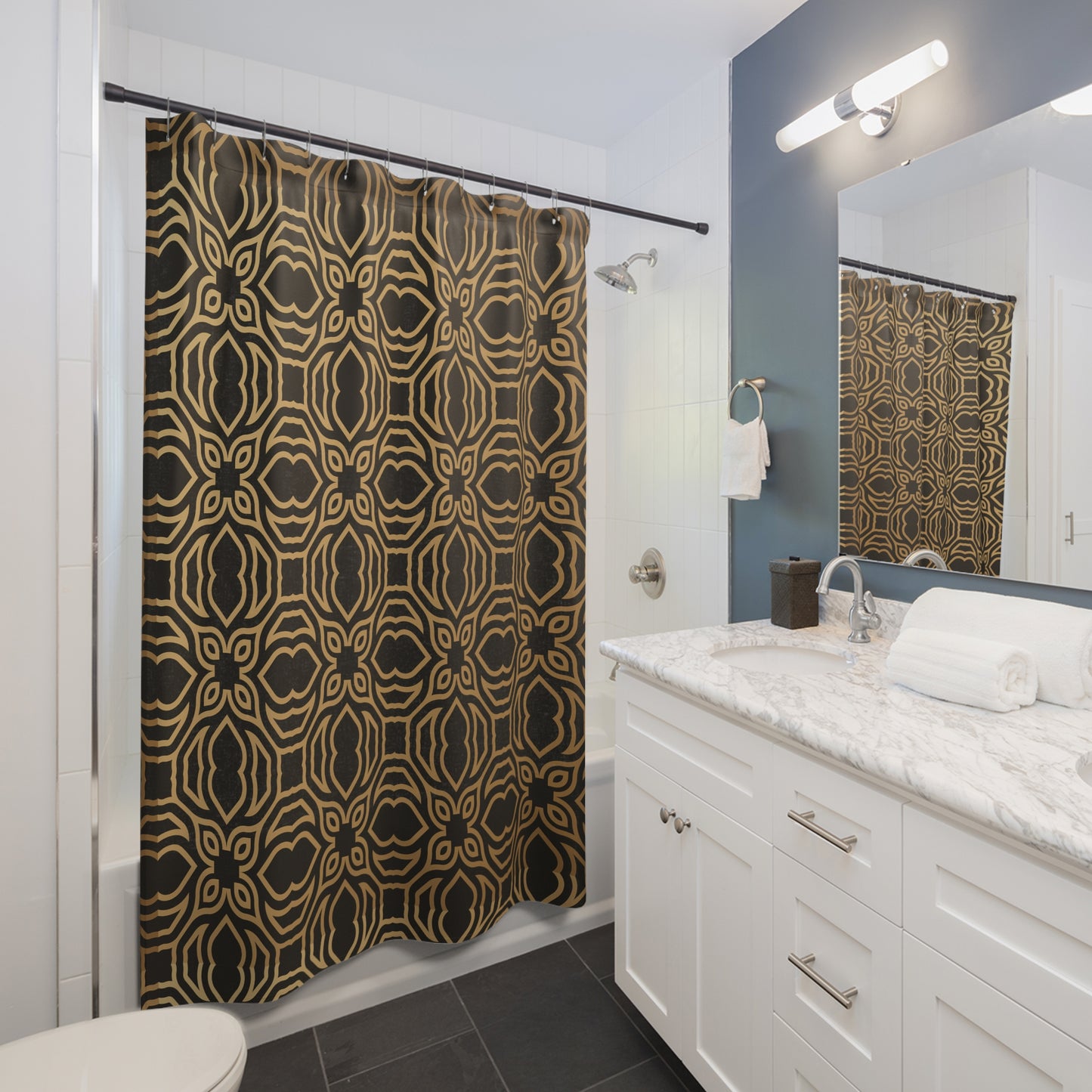 Black Gold Elegant Patterned Shower Curtain - Boho Chic Bathroom Decor, Modern Home, Gift Idea, Unique Design, Stylish & Functional