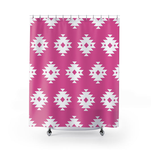 Pink White Boho Aztec Pattern Shower Curtain | Southwestern Geometric Bath Decor