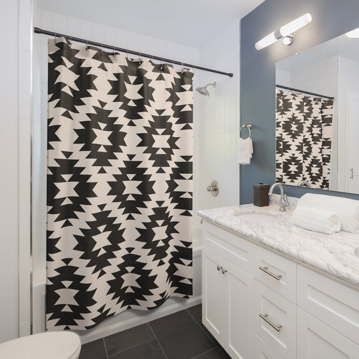Southwestern Geometric Shower Curtain | Black Off-White Aztec Pattern