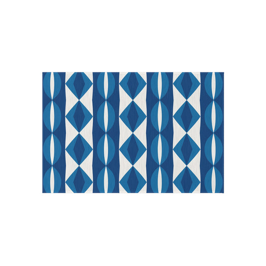 Blue White Geometric Pattern Outdoor Rug | Modern Diamond Stripe Patio Mat