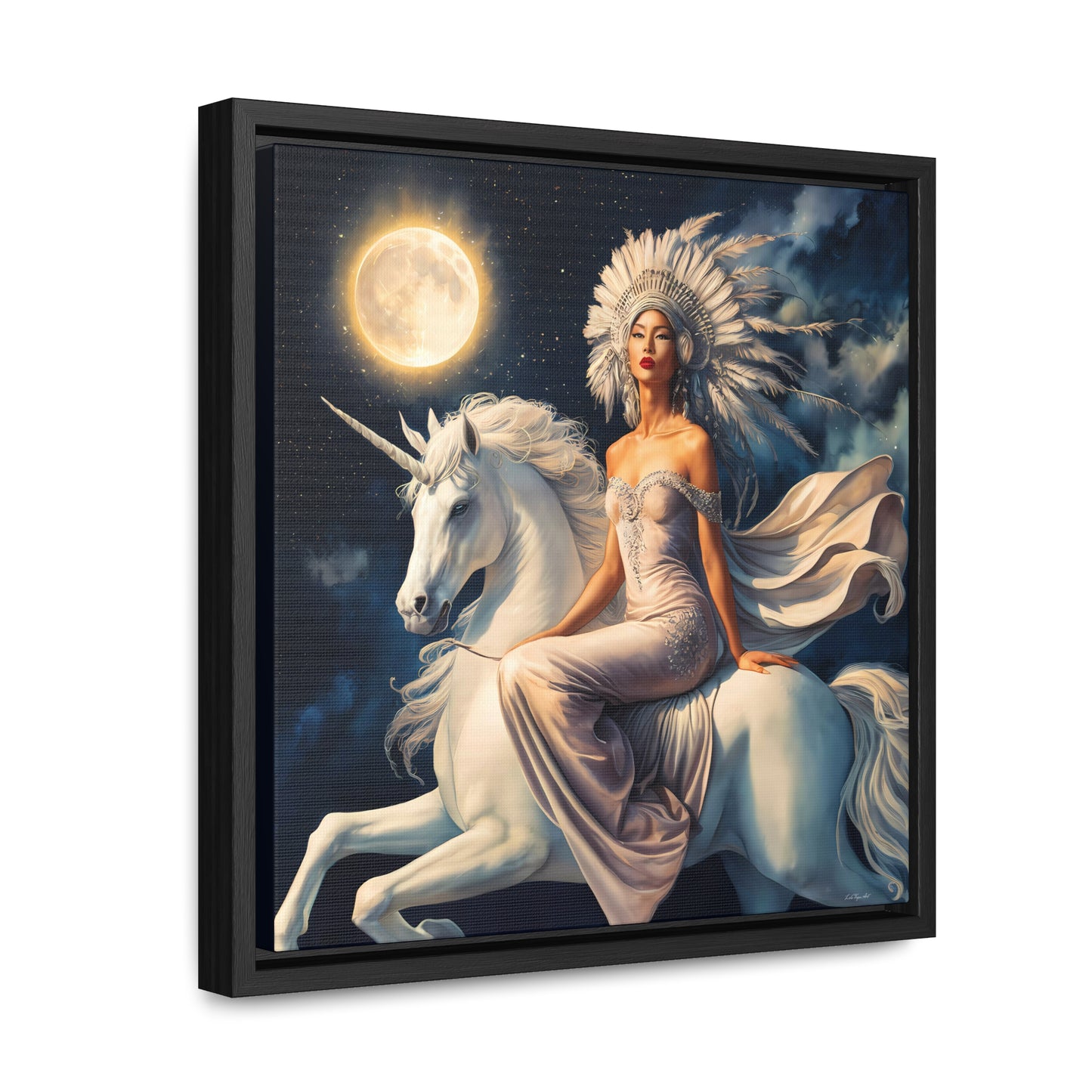 Fantasy Native American Princess Unicorn Square Canvas Wall Art, Night Full Moon Square Frame, Nursery Decor, Boho Chic Gift, Home Decor