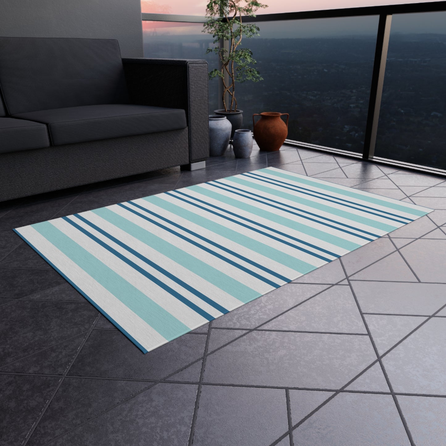 Blue White Striped Coastal Pattern Outdoor Rug | Patio Mat