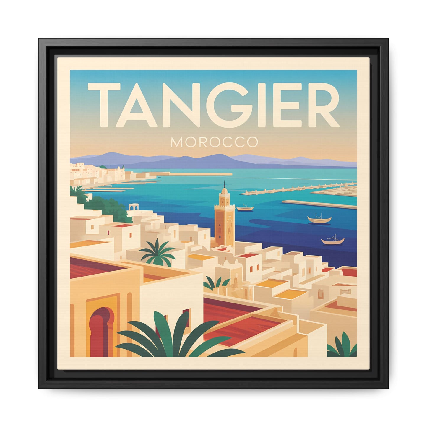 Tangier Morocco Travel Framed Wall Art Matte Canvas | Vintage Style Coastal Wall Art