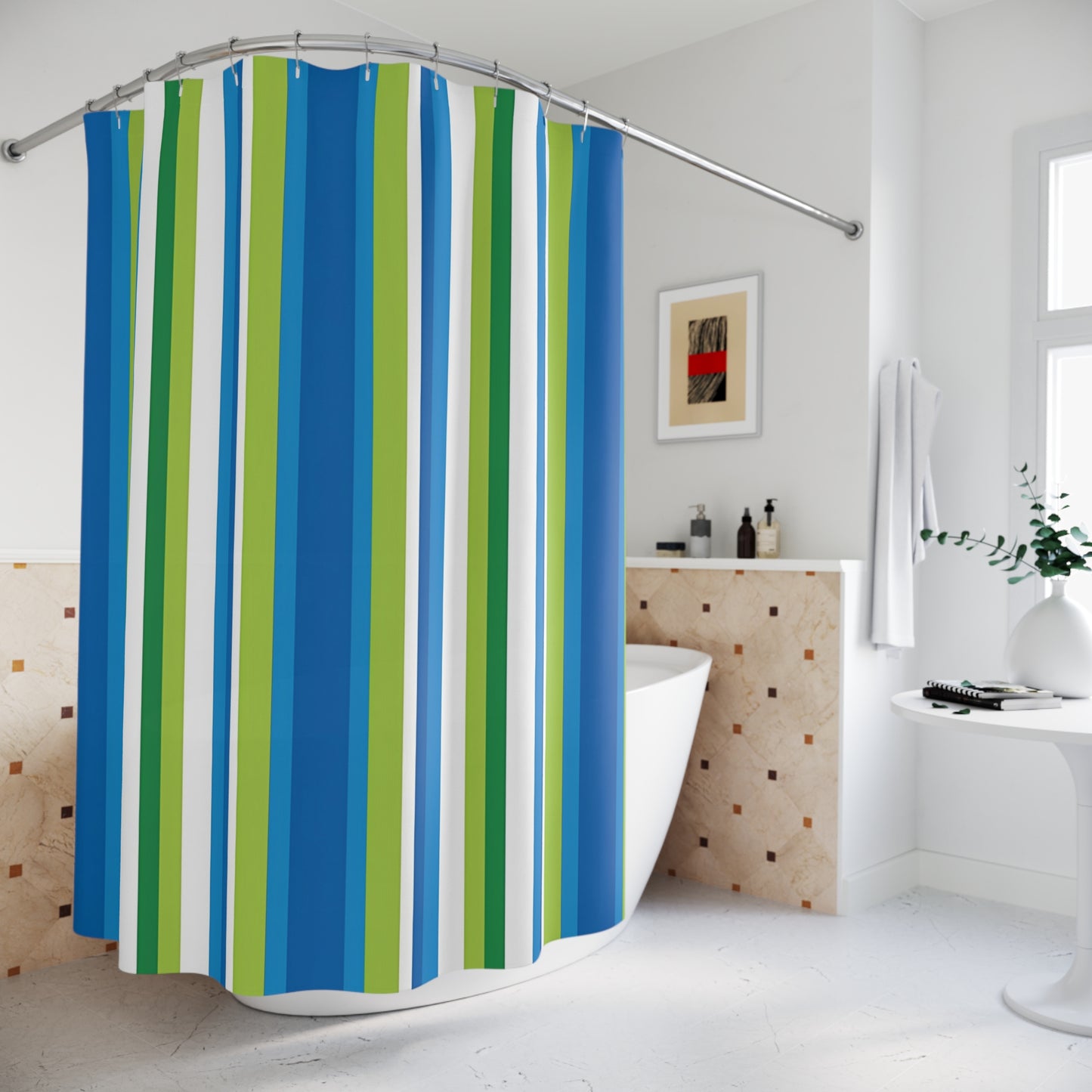 Blue Green Vertical Stripes Shower Curtain | Coastal Bathroom Curtain