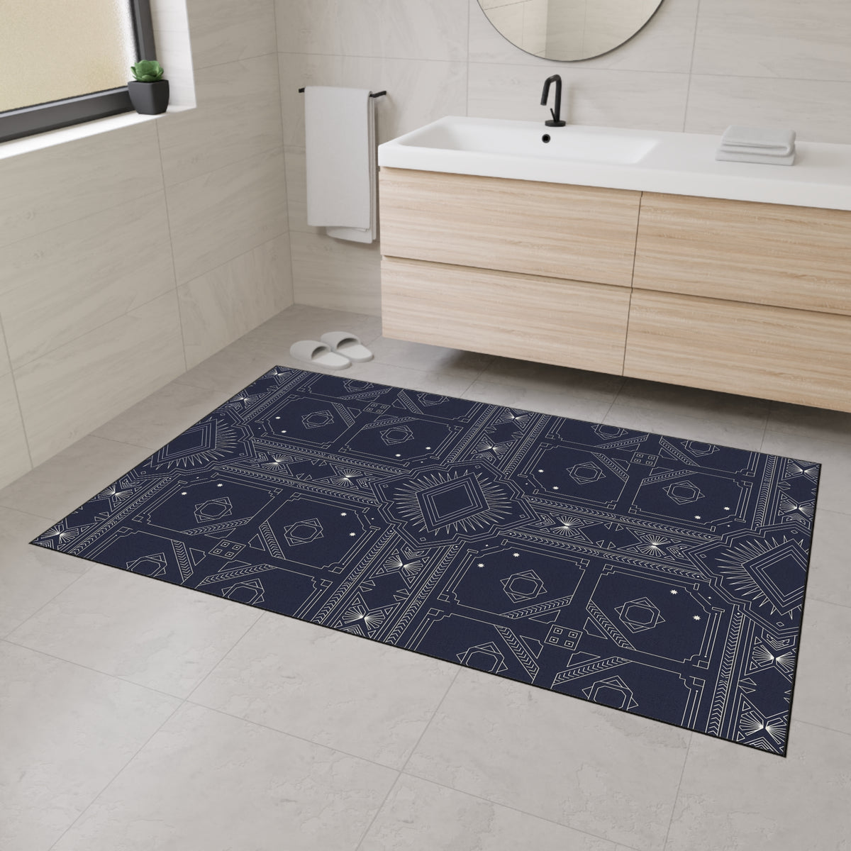 Navy White Geometric Indoor/Outdoor Floor Mat — Durable Non-Slip Rug