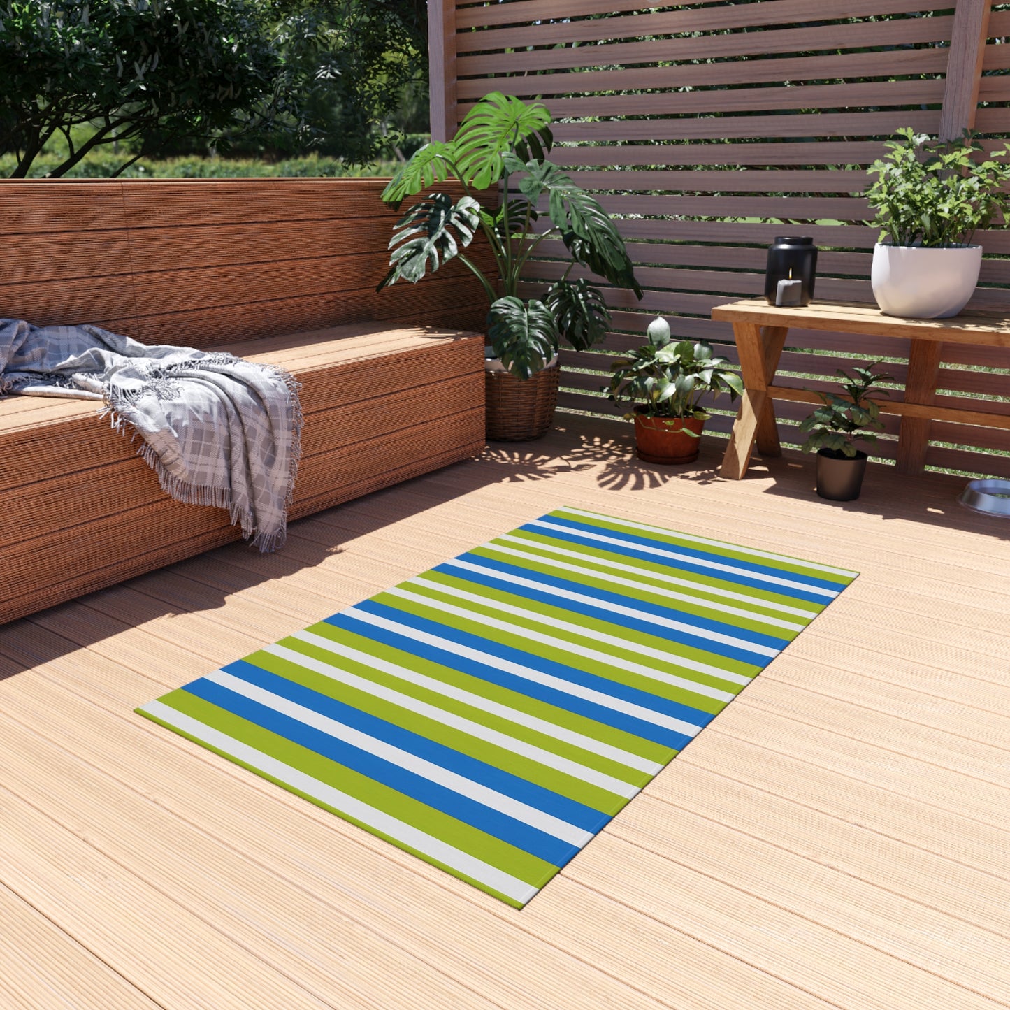 Blue Green White Striped Outdoor/Indoor Rug | Patio Mat, Weatherproof Poolside Runner