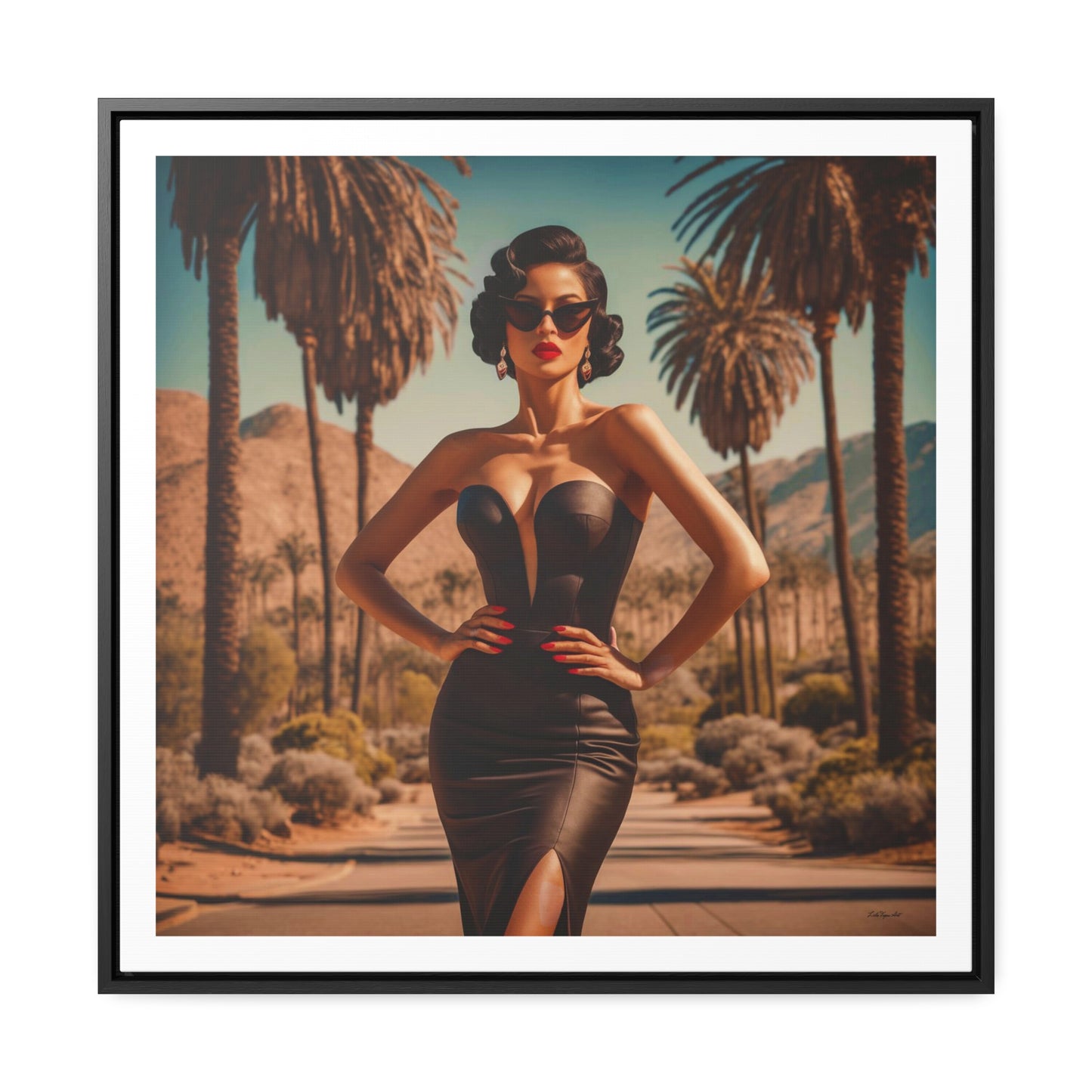 Canvas Wall Art, Glamorous Retro Woman in Palm Springs Square Frame, Fashion Glam Home Decor, Wall Hanging, Gift for Her, Home Office Decor,