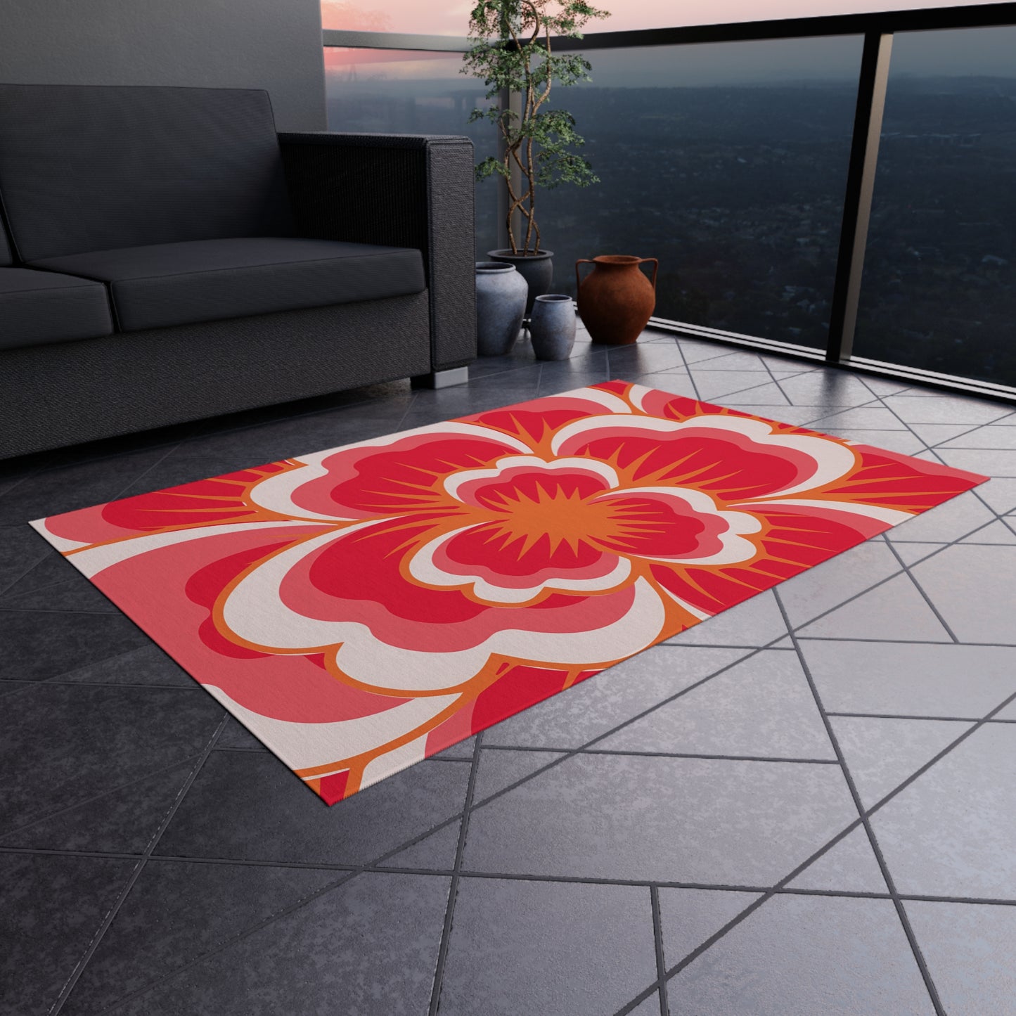 Bold Retro Floral Outdoor/Indoor Rug | Red Pink Hibiscus Pattern
