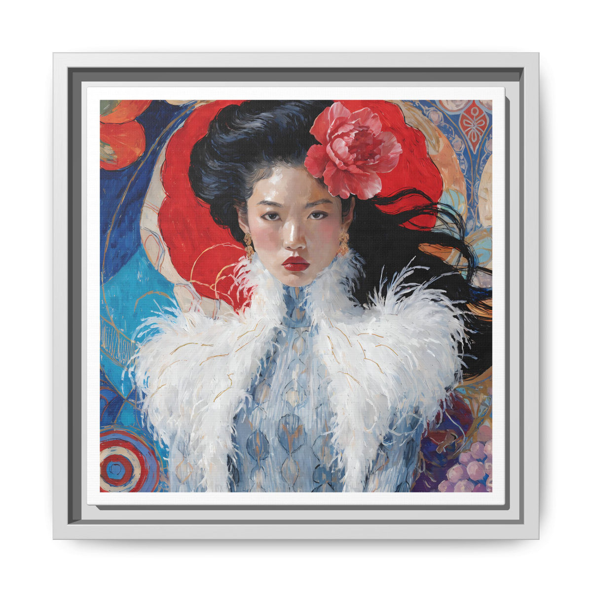Asian Femme Portrait Matte Canvas Framed | Woman with Feather Collar Wall Art