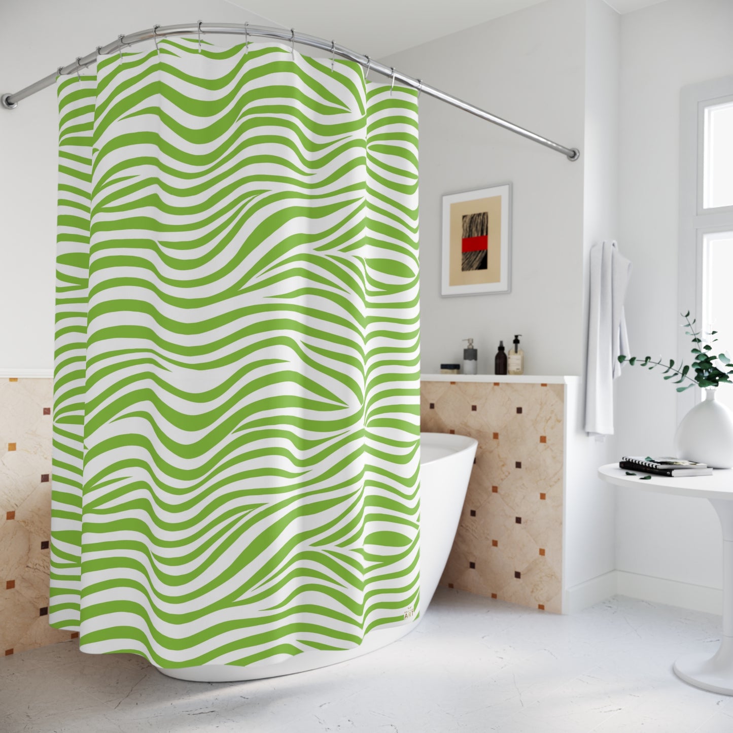 Green Wavy Stripes Shower Curtain | Abstract Wave Pattern, Tropical, Beachy Bathroom Decor
