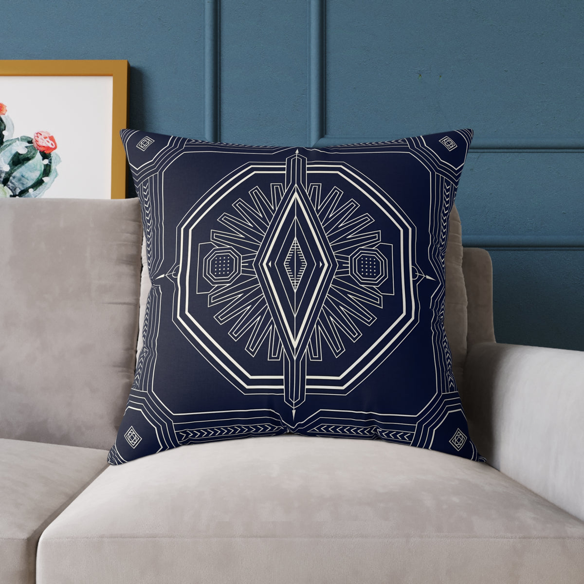 Navy White Geometric Mandala Square Pillow | Tribal Diamond Pattern