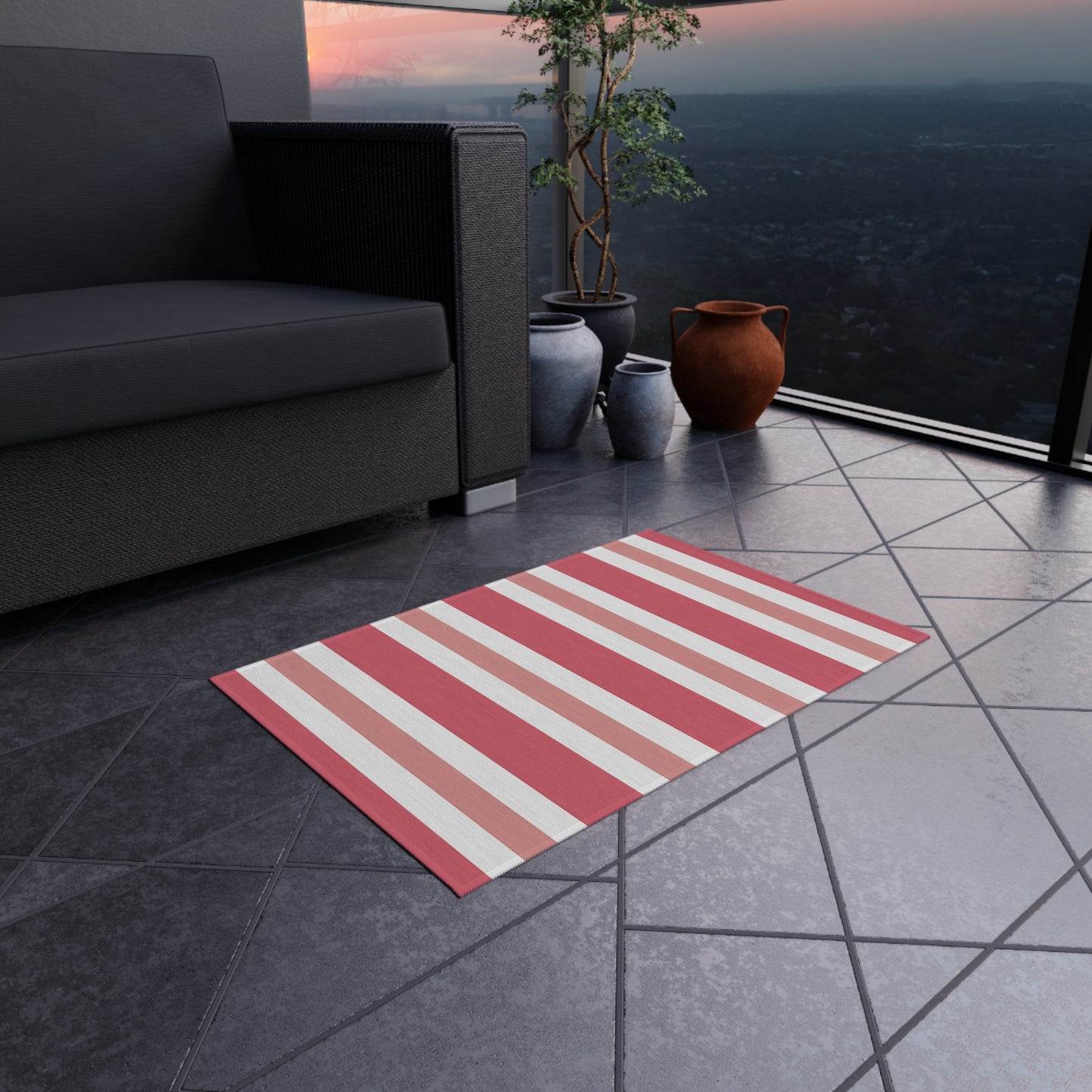 Light Pink Medium Pink White Striped Outdoor/Indoor Rug | Patio Mat