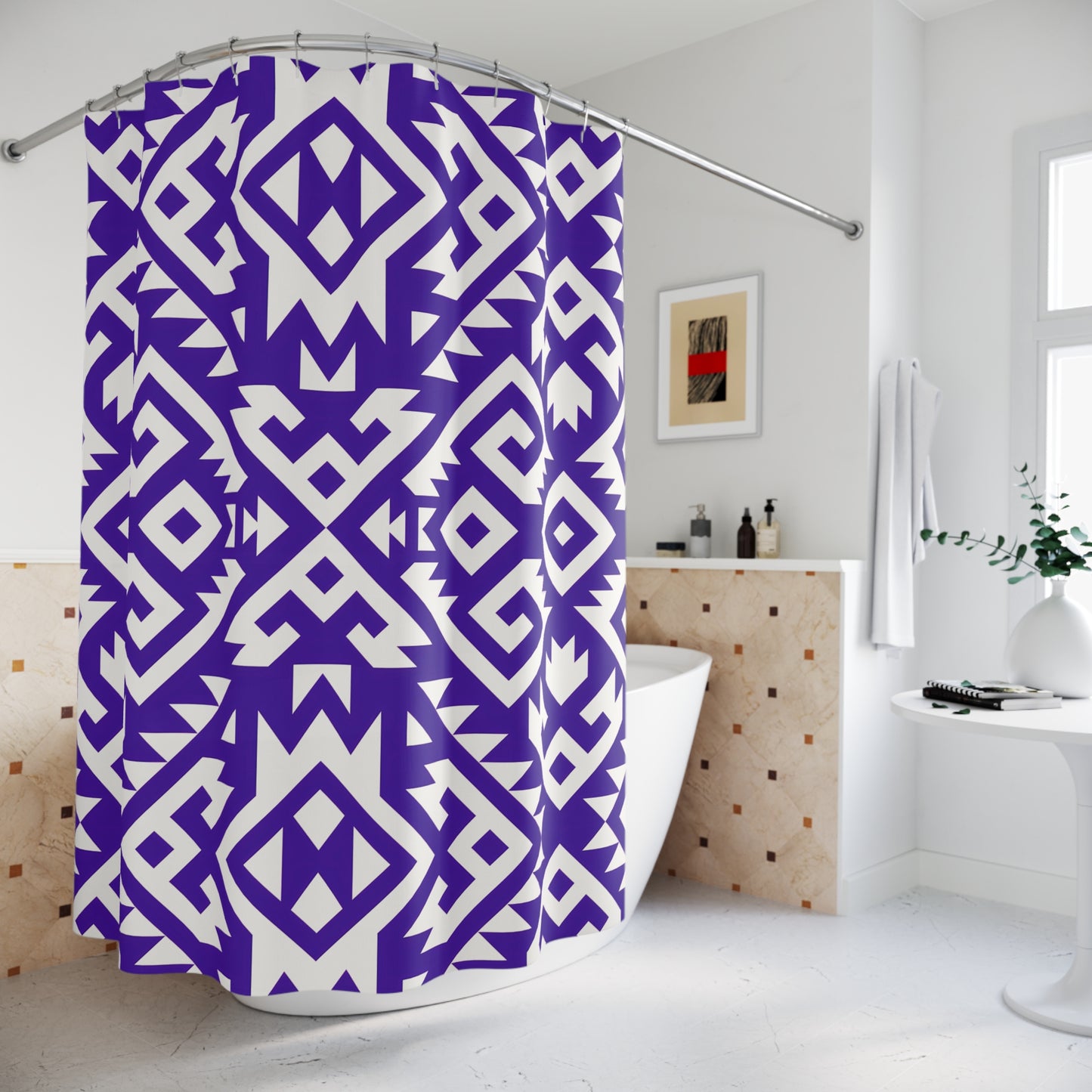 Geometric Boho Tribal Pattern Shower Curtain | Purple White Aztec Bathroom Decor