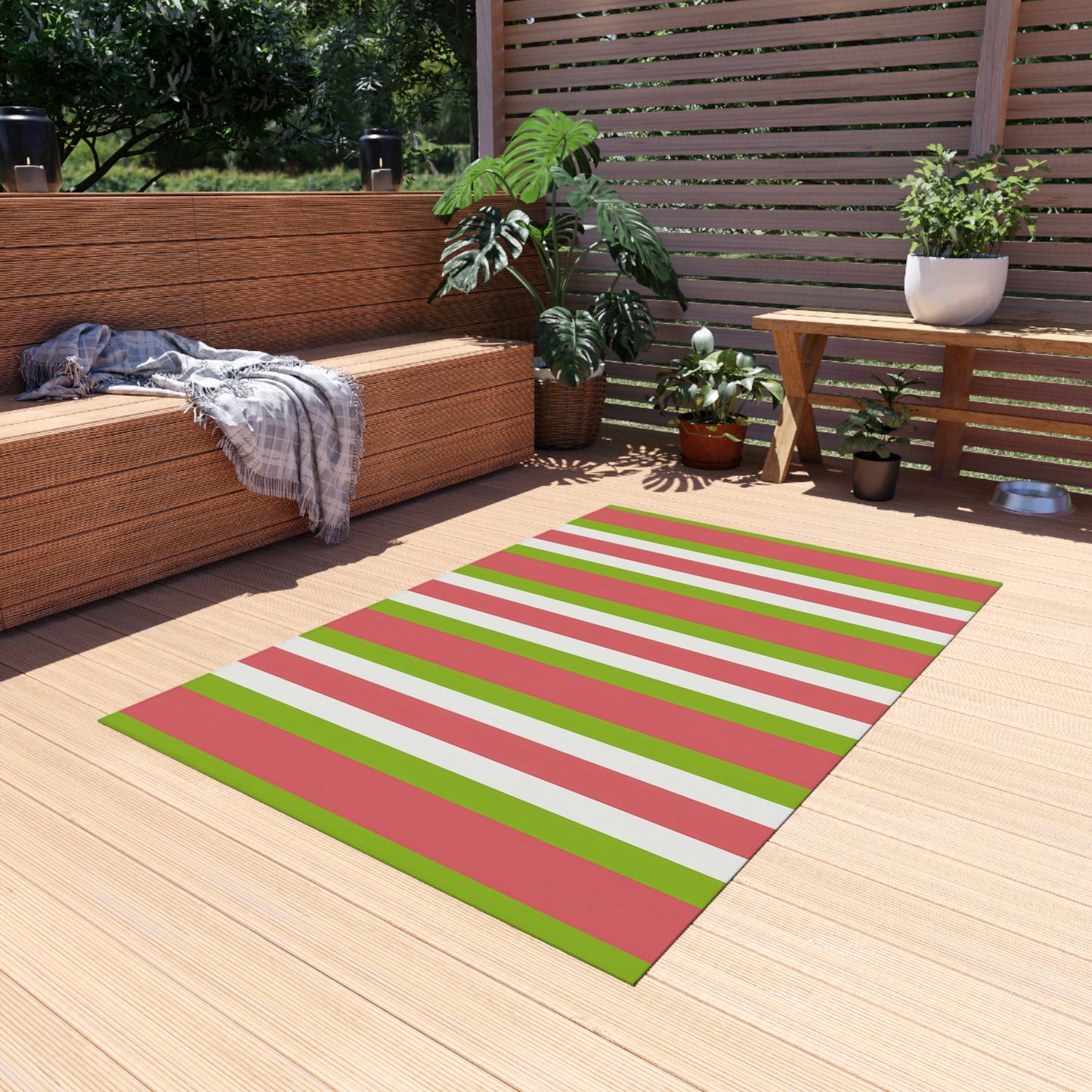 Striped Medium Pink Green White Outdoor/Indoor Rug | Patio Deck Mat