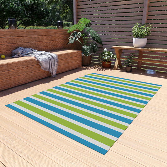 Blue Green Striped Outdoor/Indoor Rug | Patio Mat, Porch Deck Floor Covering