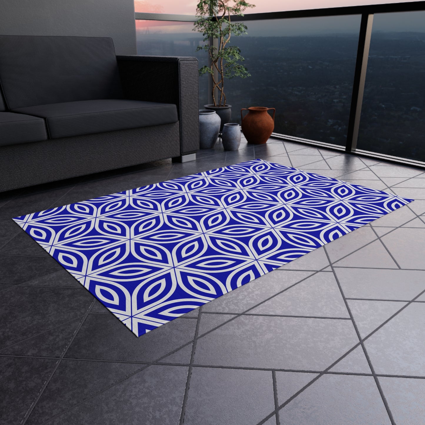 Royal Blue Geometric Floral Pattern Outdoor/Indoor Rug | Blue Petal Tile Design